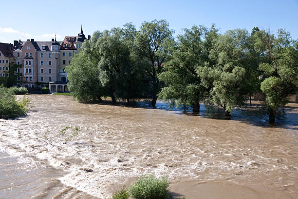 Flood in Ingolstadt, view of a flooded landscape Ingolstadt , Danube, Bavaria, Germany