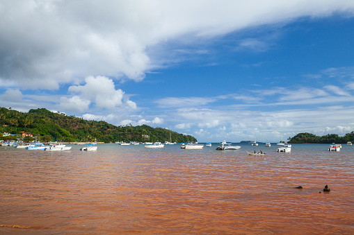 Motor boats are anchored at Samana bay, Dominican Republic
