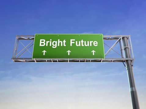 Hi-res digitally generated 3d image.Highway sign - BRIGHT FUTURE ahead - concept image.