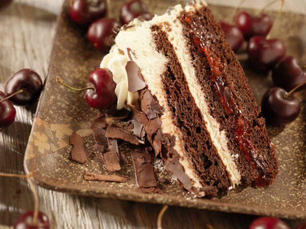 black forest cake - portion serving size copy space icing stock-fotos und bilder