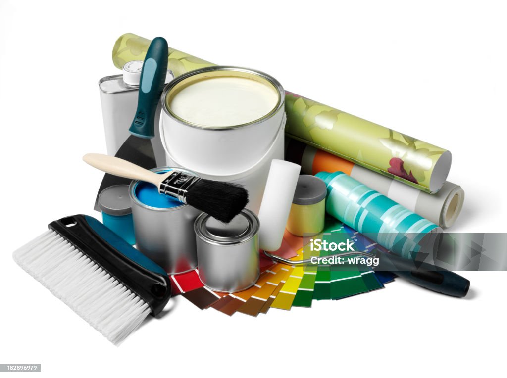 Paint Tins and Wallpaper Paints and wallpaper with decorating equipment. Isolated on whiteClick on the link below to see more related images. Paint Can Stock Photo