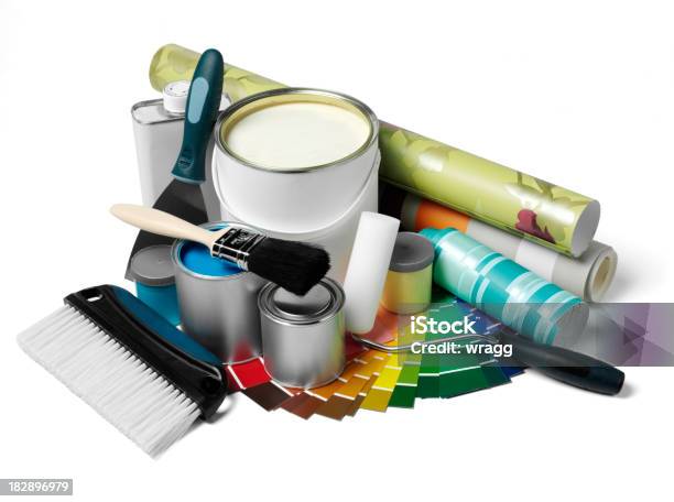 Paint Tins And Wallpaper Stock Photo - Download Image Now - Paint Can, Cut Out, Black Color