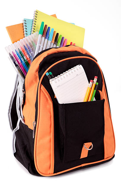 rucksack mit schulsachen - pen color image black book stock-fotos und bilder