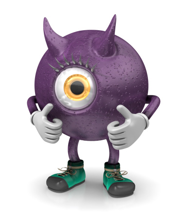 Purple monster giving thumbs up to the camera isolated on a white background.Could be useful in a monster or Halloween composition. This is a detailed 3d rendering.