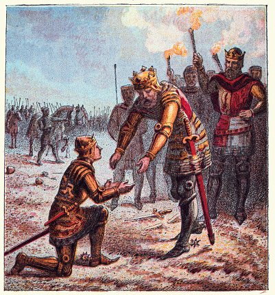 Vintage illustration Edward the Black Prince kneeling before his father Edward III after the Battle of Crecy, Medieval Military History, Hundred Years' War. The Battle of Crécy took place on 26 August 1346 in northern France between a French army commanded by King Philip VI and an English army led by King Edward III. The French attacked the English while they were traversing northern France during the Hundred Years' War, resulting in an English victory and heavy loss of life among the French.