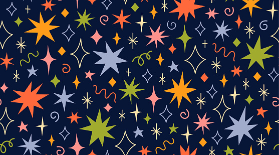 Colourful funny vector seamless pattern with random various hand drawn doodle stars and sparks. Christmas, birthday wrapping paper, background, wallpaper, textile.