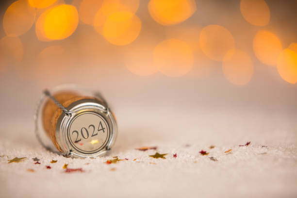 Happy New Year 2024 with Star Shape and Cork on the Snow Happy New Year 2024 with Star Shape and Cork on the Snow new year new life stock pictures, royalty-free photos & images