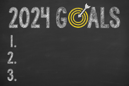 New Year 2024 Goals on Chalkboard Background