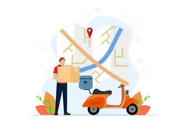 Vector illustration of Concept of fast delivery with scooter on mobile phone, Order parcels in E-commerce with app, Courier tracking with map app, Flat Vector illustration on white background.