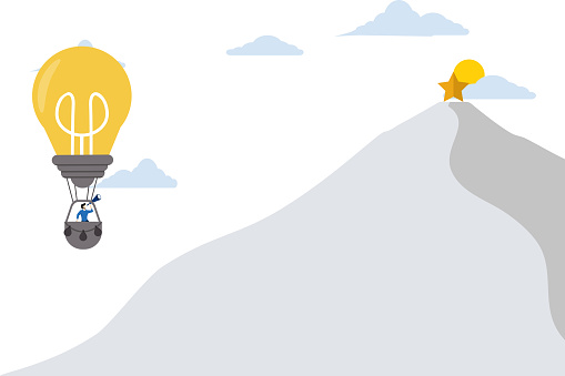 Idea concept in business. reach the peak of your career. business character flying in the sky with a hot air balloon Looking at the stars over the mountain through binoculars. flat illustration.