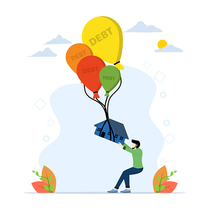 Concept of foreclosed house, real estate crisis. Houses float in the sky with balloons of debt and male characters try to prevent or curb them. flat vector illustration on white background.