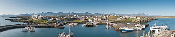 "Clear blue panoramic skies over the tranquil town of Stykkisholmur, Iceland. ProPhoto RGB profile for maximum color fidelity and gamut."