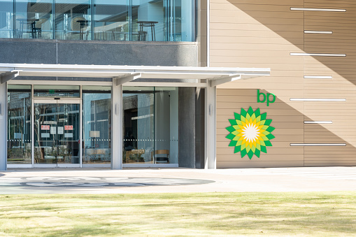 Houston, Texas, USA - March 2, 2022: BP North America Inc Corporate office building in Houston. BP plc is a British multinational oil and gas company.