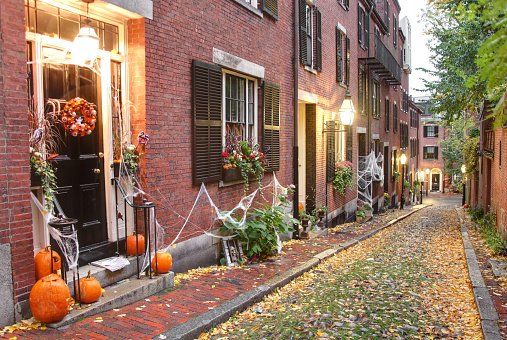 Halloween decorations in the Beacon Hill neighborhood of Boston in autumn. Boston is the largest city in New England, the capital of the state of Massachusetts. Boston is known for its central role in American history, world-class educational institutions, and champion sports franchises.