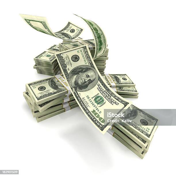 Hundreds Falling Onto Money Stack Stock Photo - Download Image Now - Above, Abundance, American One Hundred Dollar Bill