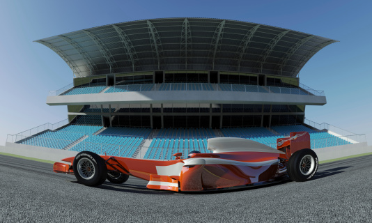 A open-wheel single-seater racing car racing car in front of a grandstand. All elements are designed and modelled by myself. Very high resolution 3D render.