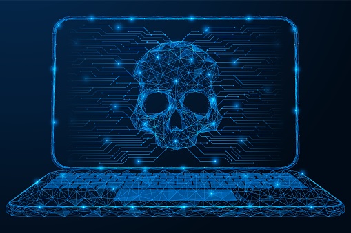 Skull with outgoing electronic connections in a laptop screen. Polygonal design of lines and dots. Blue background.