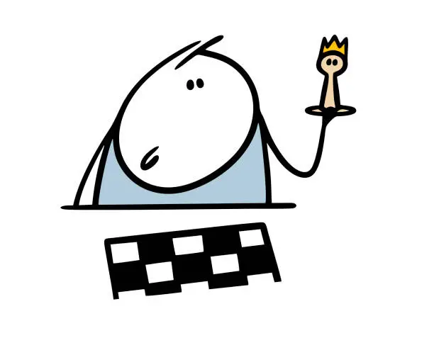 Vector illustration of Stickman boy sits at table and holds a chess piece and a board. Vector illustration of a child playing. An intelligent strategy game for the smart.