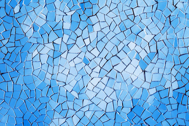 Geometric shape background. Blue mosaic pieces background. Ceramic decoration texture. Puzzle look graphic design. Vibrant color texture.