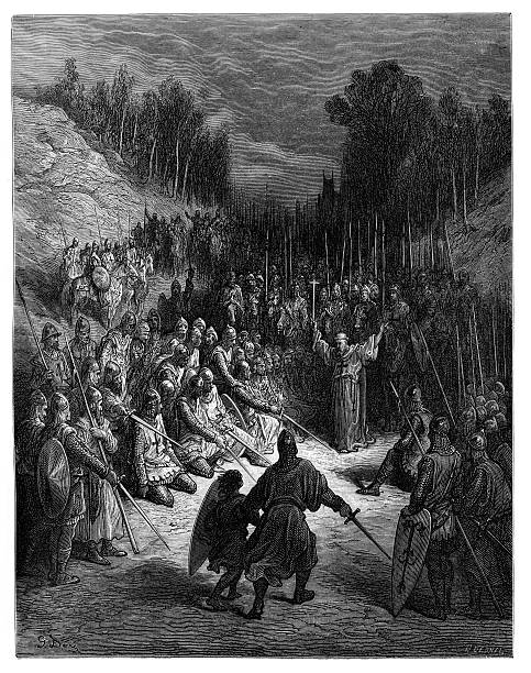 Peter Preaching the First Crusade "Vintage engraving showing Peter the Hermit preaching the First Crusade.  Peter the Hermit (died July 8, 1115) was a priest of Amiens and a key figure during the First Crusade." knights templar stock illustrations