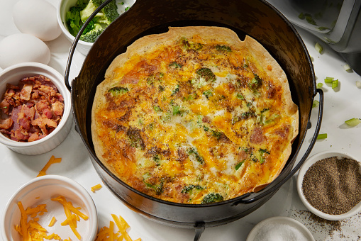 Preparing Air Fried Tortilla Quiche with Bacon, Broccoli and Cheddar Cheese
