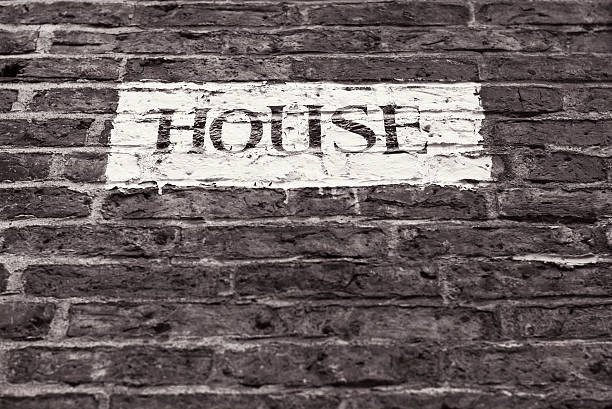 istock House sign on a brickwall - English word 182903253