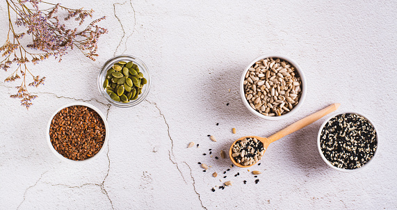 Pumpkin, flax, sesame and sunflover seeds cycling for hormone balance top view web banner