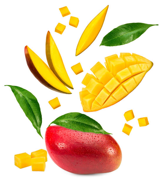 istock flying sliced mango with green leaves isolated on white background. exotic fruit. clipping path 1829039676