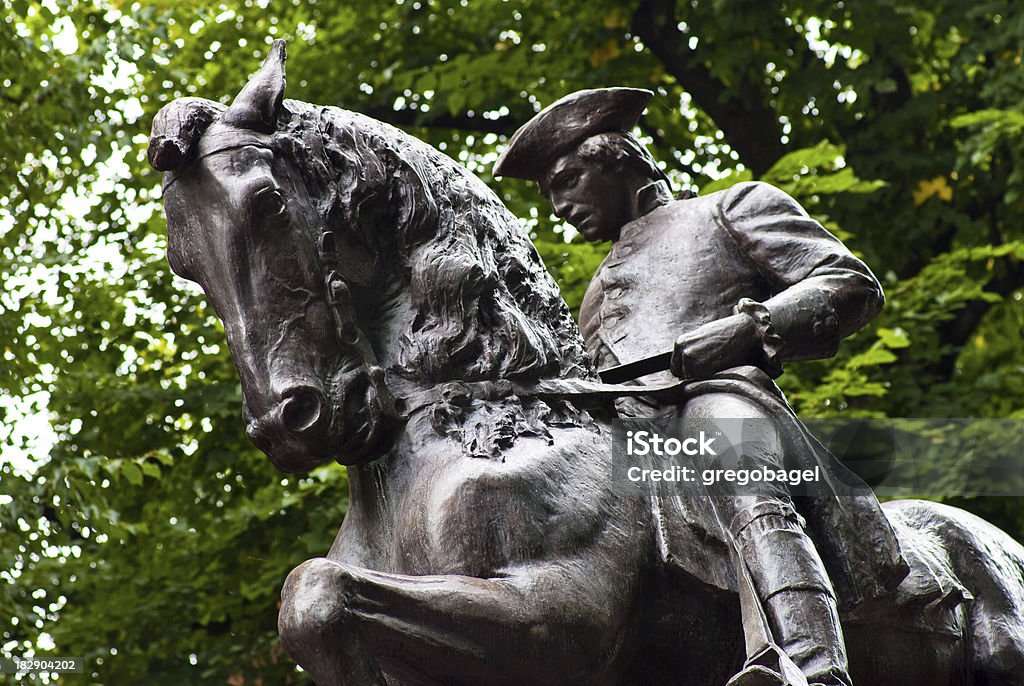 Paul Revere statue in North End Boston, MA "The Paul Revere statue in North End Boston, MA, sculpted by Cyrus Dallin and unvieled on September 22, 1940." American Revolution Stock Photo