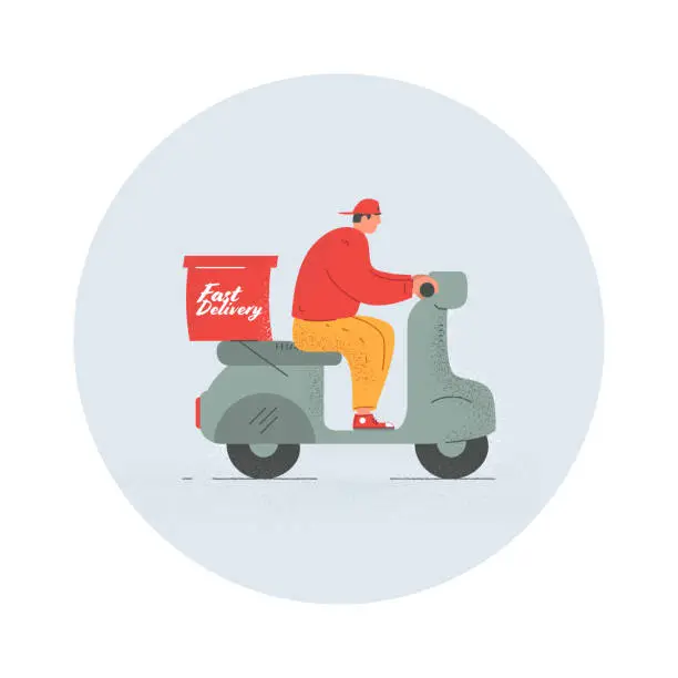 Vector illustration of A vector illustration of a scooter motorcycle delivery man inside a circle.