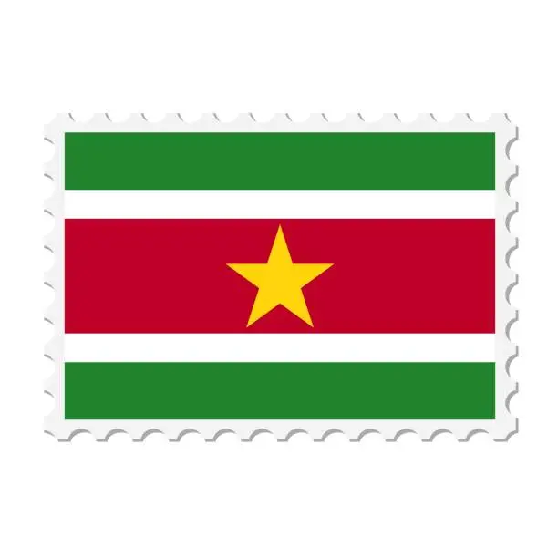 Vector illustration of Suriname postage stamp. Postcard vector illustration with Suriname national flag isolated on white background.