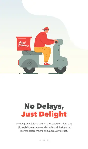 Vector illustration of A landing page template design featuring an illustration of a motorcycle scooter courier carrying a delivery.