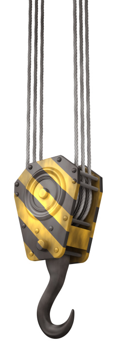 Large metal crane hook with cables isolated on white.Could be a useful image in a construction composition.This is a detailed 3d rendering.