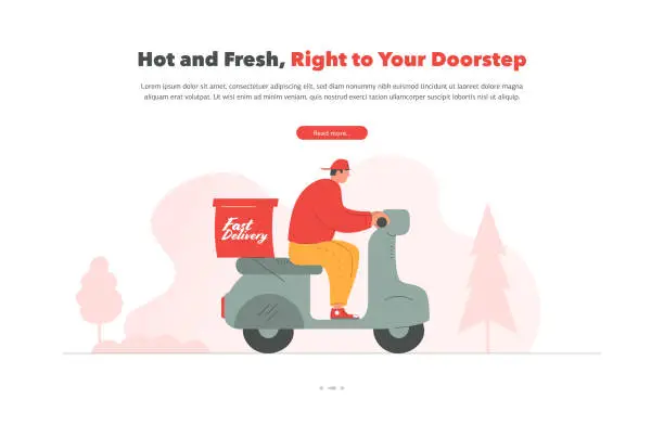 Vector illustration of A website banner template design featuring an illustration of a motorcycle scooter courier carrying a delivery.