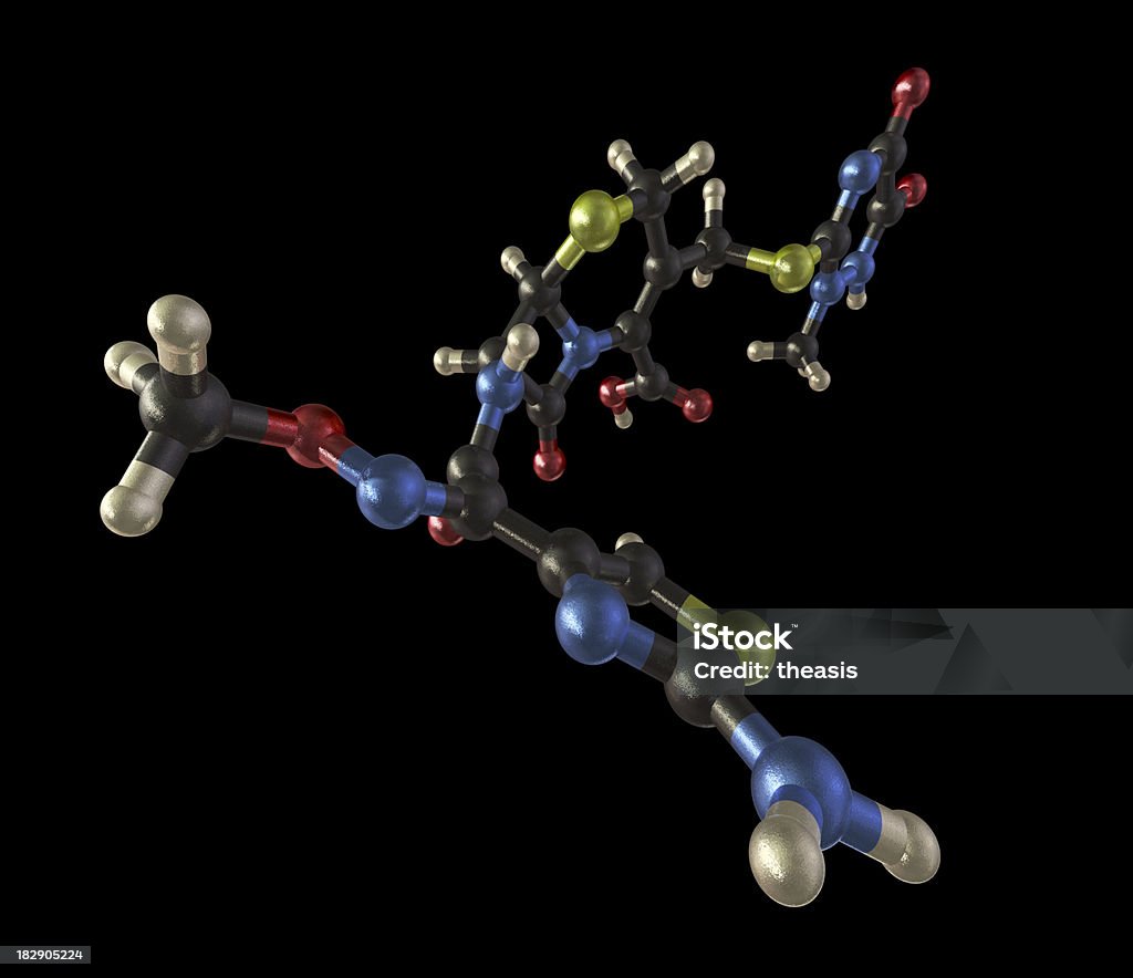 Ceftriaxone Model "A ball and stick model of Ceftriaxone, also known as Rocephin and Cefatrin. It is a broad spectrum antibiotic. It is particularly used to treat pneumonia, bacterial meningitis, Lyme disease, typhoid fever and gonorrhea.Isolated on black." Antibiotic Stock Photo