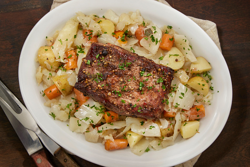 Slow Cooked  Corned Beef and Cabbage Brisket with Potatoes, Onions and Carrots