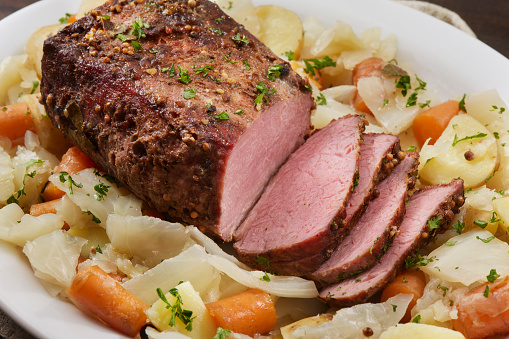 Slow Cooked  Corned Beef and Cabbage Brisket with Potatoes, Onions and Carrots