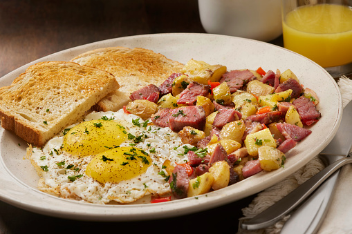 Corned Brisket Beef Hash with Fried Eggs and Toast