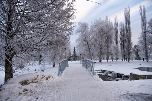 Karinemenpuisto Park in Lahti and Lake Vesijärvi, Finland in winter