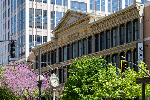 ZCMI historic building facade in Salt Lake City, Utah, United States - May 11, 2023. ZCMI (Zion's Co-operative Mercantile Institution) was an American department store chain.