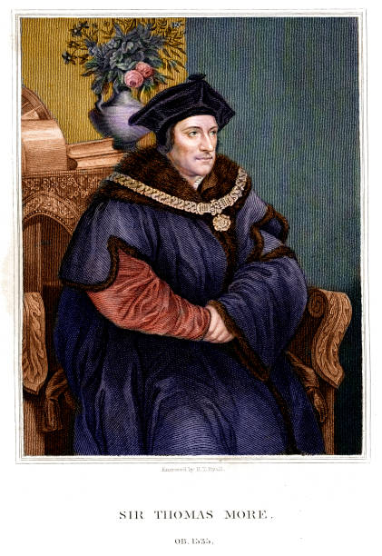Sir Thomas More "Vintage engraving from 1835 showing Sir Thomas More also known as Saint Thomas More, was an English lawyer, social philosopher, author, and statesman. He is also recognised as a saint within the Catholic Church. During his life he gained a reputation as a leading Renaissance humanist, an opponent of the Protestant Reformation of Martin Luther and for opposing William Tyndale and his translation of the Bible into the English language. For three years toward the end of his life he was Lord Chancellor." tudor style stock illustrations