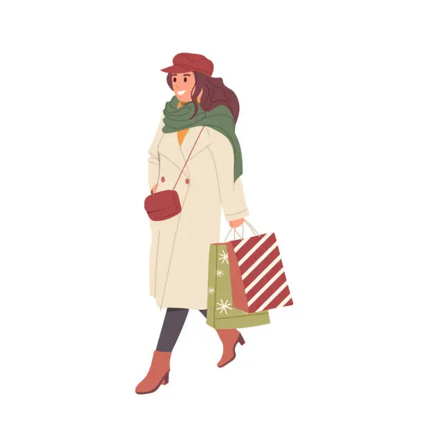 Vector illustration of Happy fashion young woman cartoon character with Christmas purchases walking after shopping