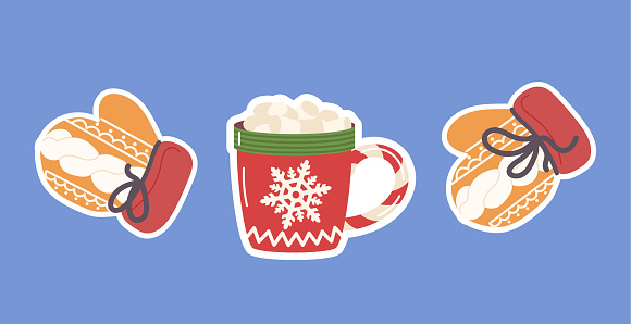 Warm mittens pair and mug of hot winter aromatic coffee drink with marshmallow isolated sticker set. Cute christmas decoration prints, traditional cozy holidays design elements vector illustration
