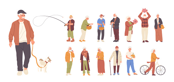 Diverse elderly people cartoon characters set different action, hobby, daily routine activities vector illustration. Senior man woman fishing, walking dogs, cycling, going mushrooms counting savings
