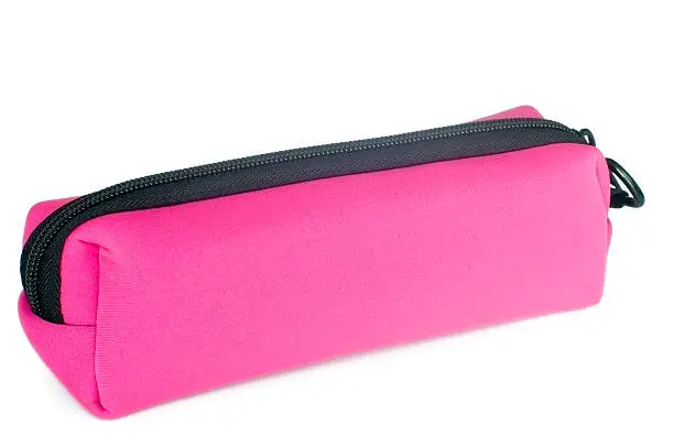 Royalty free stock photo of pink pencil case on white background. It's made of neoprene.