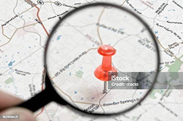 Loupe And Pushpin Stock Photo - Download Image Now - Cartography, Close-up, Concepts