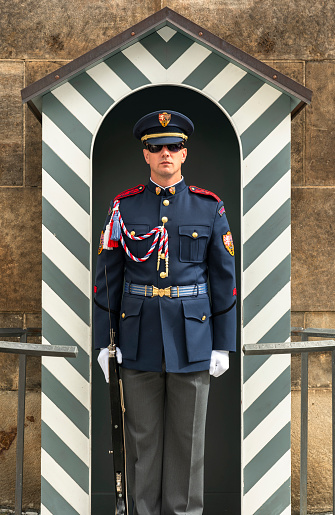 Prague, Czechia - September 18, 2022:  Military soldiers stand guard at the Matthias Gate entrance to the Prague Castle complex Czech Republic Czechia Europe