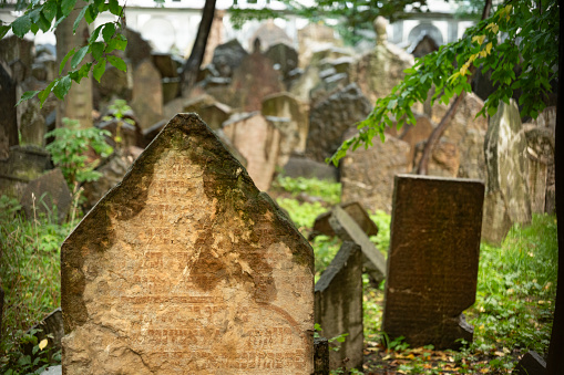 Prague, Czechia - September 17, 2022:  Gravestones at the Old Jewish Cemetery in the Jewish Quarter of Old Town Prague Czech Republic Czechia