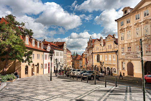 Prague, Czechia - September 18, 2022:  People walk the old historic streets by the shops and cafes in Old Town in Prague Czech Republic Czechia
