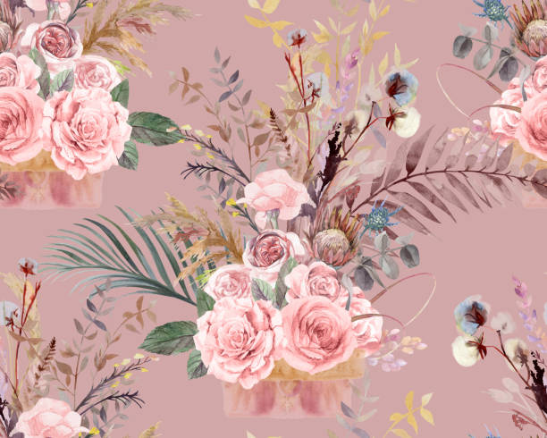 istock Seamless botanical pattern with watercolor flowers of roses and palm leaves 1829072571